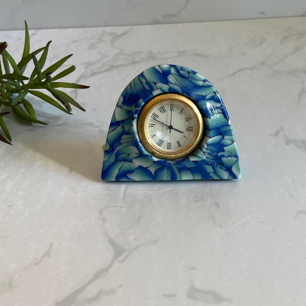Small Vintage Blue Green Marble Stone DeskTop Clock Gold Hardware Home Decor